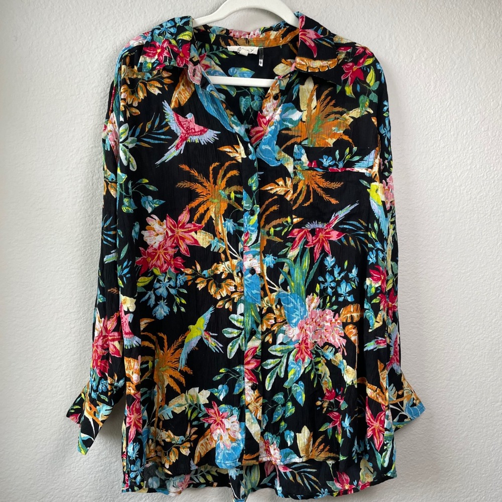 ELAN Tropical Floral Button Cover Up Blouse Rayon Oversized Resort Wear S